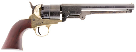 TRADITIONS 1851 NAVY ENGRAVED BLACK POWDER REVOLVER HBP 44 CAL BRASS 7.375 IN BLUED BBL WOOD GRIP - for sale