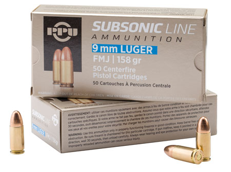 PPU SUBSONIC 9MM LUGER 158GR FMJ 50RD 20BX/CS - for sale