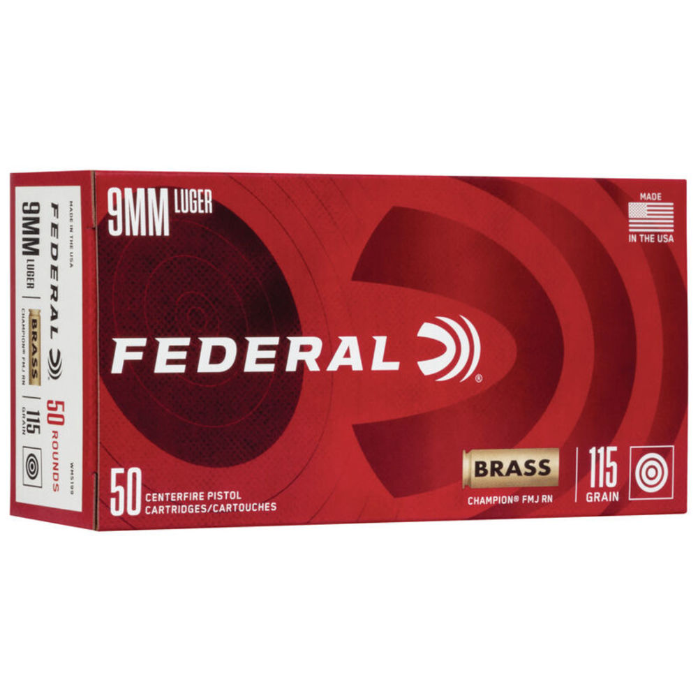 Federal - Champion - 9mm Luger - 9MM LUGER 115GR FMJ BRASS CASE 50/BX for sale