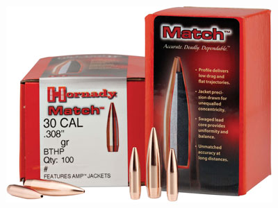 HORNADY BULLETS 30 CAL 308 155 GR JHP-BT MATCH 100CT 15BX/CS - for sale