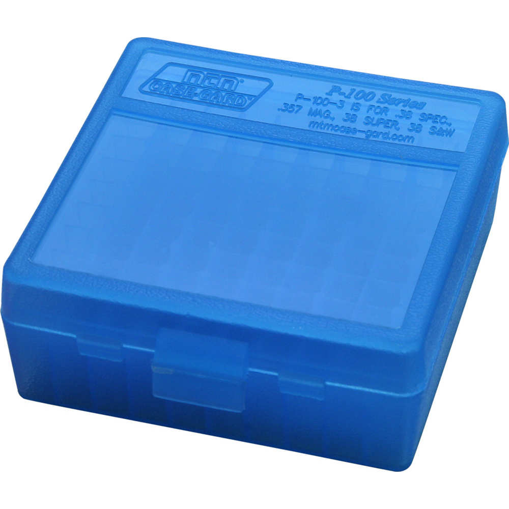 MTM CASE GARD FLIP-TOP BOX CARTRDGE 38/357 100RD CLR BLUE ( 24 PER CASE ) - for sale