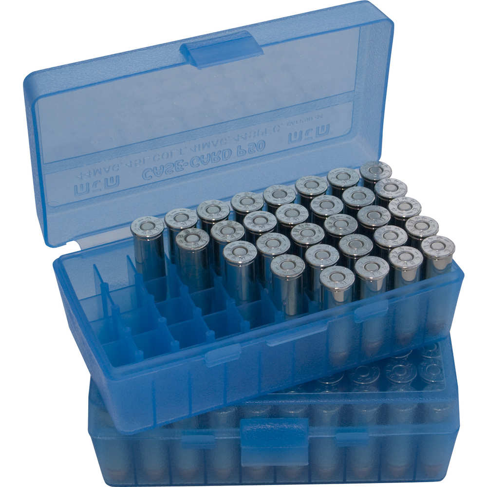 MTM CASE GARD FLIP-TOP BOX CARTRIDG 9MM/380 50RD CLEAR BLUE ( 24 PER CASE ) - for sale