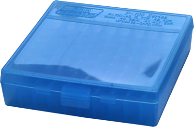 MTM CASE GARD FLIP-TOP BOX CARTRDGE 100RD 22 CAL CLR-BLUE SEE THRU ( 24 PER CASE ) - for sale