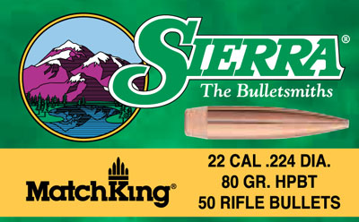 SIERRA BULLETS .22 CAL .224 80GR HPBT 50CT - for sale