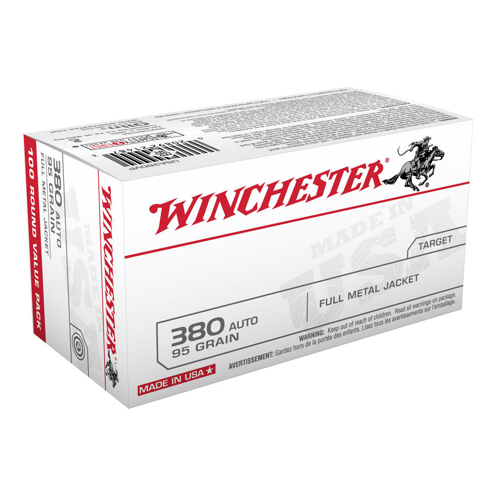 WINCHESTER USA 380 ACP 95GR FMJ-RN 100RD 5BX/CS VALUE PACK - for sale